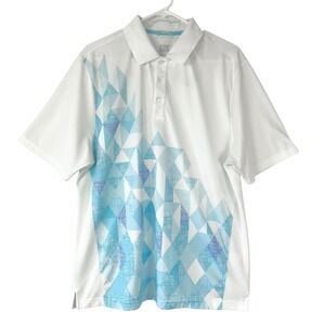 Cutter & Buck Mens CB DryTec Polo Shirt White Blue Geometric Graphic Large